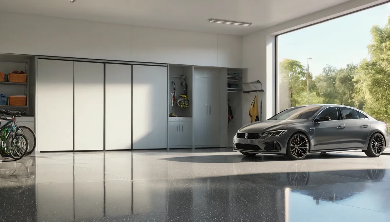 A clean, freshly coated garage floor in a Conyers home with a car parked neatly beside tidy shelves